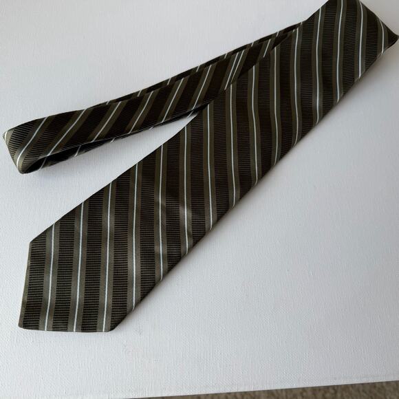 Ike Behar New York Silk Cotton Striped Tie Olive Brown Ribbed Necktie - Picture 9 of 10